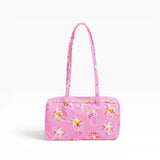 Baggu pink nylon bowler bag with star pattern and top handles