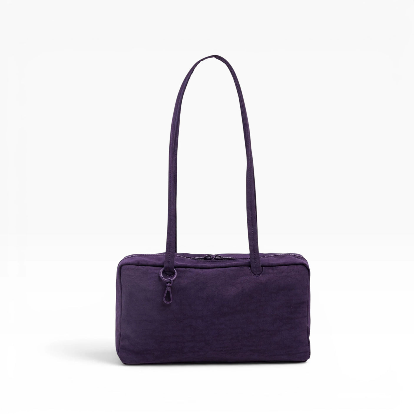Fig purple nylon bowler bag with two top handles and zipper closure