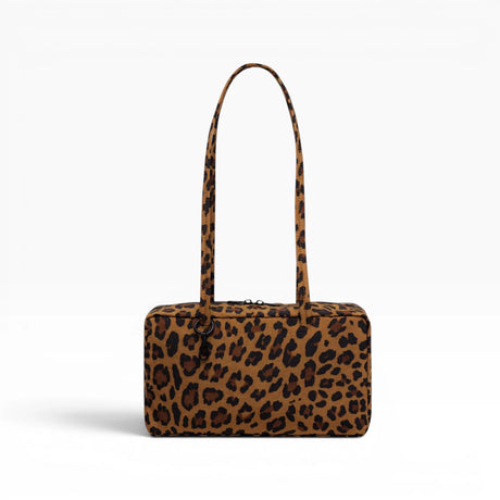 Nylon bowler bag with leopard print, top handles, and structured body