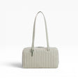 Nylon bowler bag with sage-green and white vertical stripes, top handles, zipper top