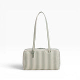 Nylon bowler bag with sage-green and white vertical stripes, top handles, zipper top