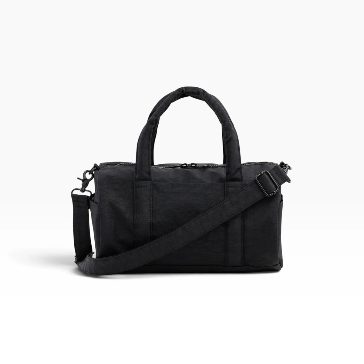 Black nylon duffle bag with top handles, shoulder strap, and zip closure