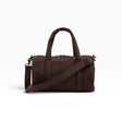 Coffee-brown nylon duffle bag with front crossbody strap and zip closure