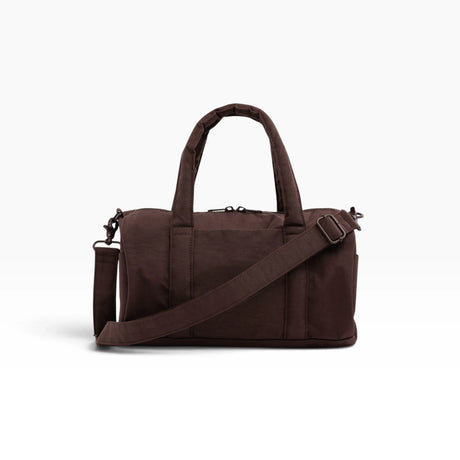 Coffee-brown nylon duffle bag with front crossbody strap and zip closure