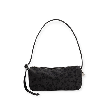 Charcoal nylon loaf bag with short handle, dark floral vine print, top zipper