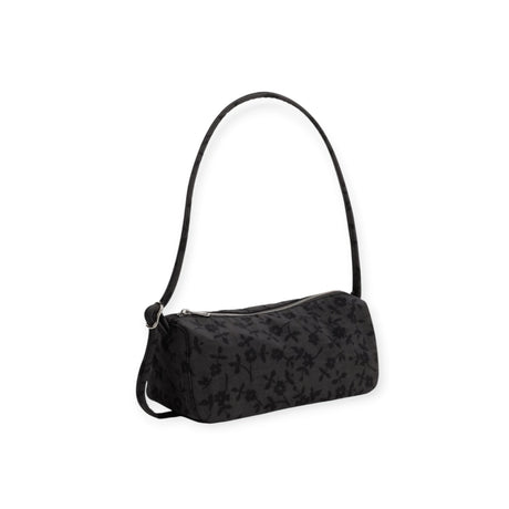Charcoal nylon loaf bag with shoulder strap, dark ditsy floral print, zipper top