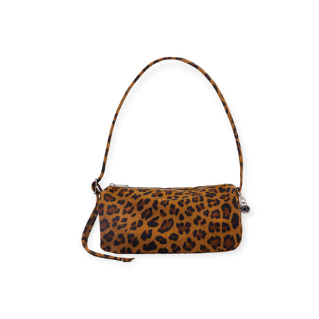 Rectangular leopard print handbag with rounded edges and single strap on white background
