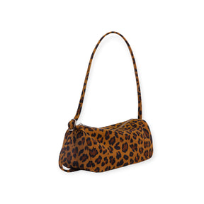 Small brown shoulder bag with black leopard print pattern and single strap on white background