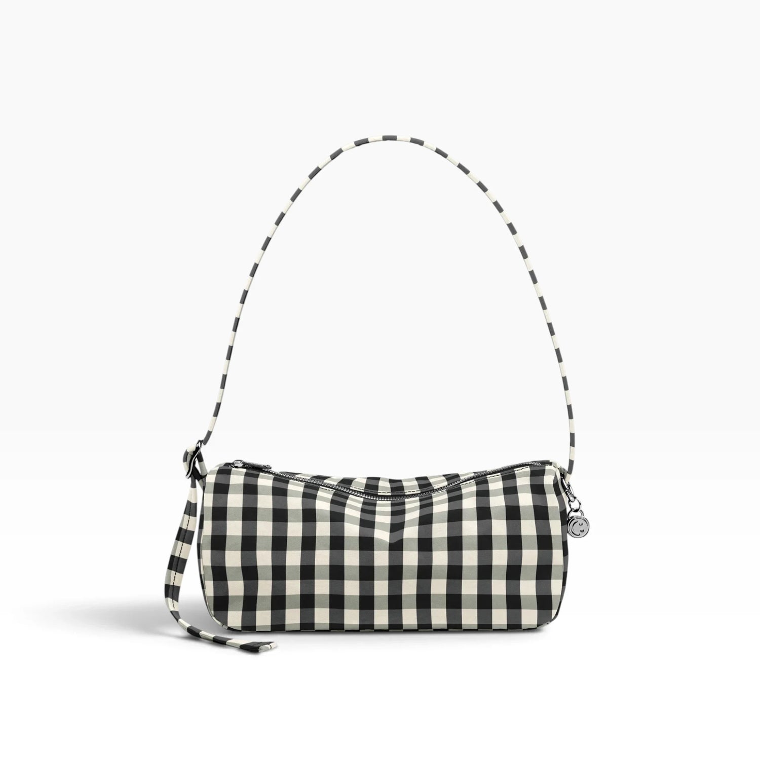 Black-and-cream gingham nylon loaf bag with zip top and shoulder strap