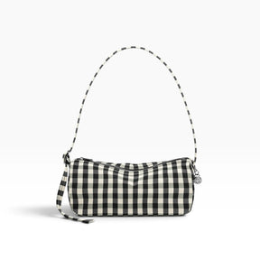 Black-and-cream gingham nylon loaf bag with zip top and shoulder strap