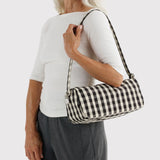 Black-and-cream gingham nylon shoulder bag with curved handles