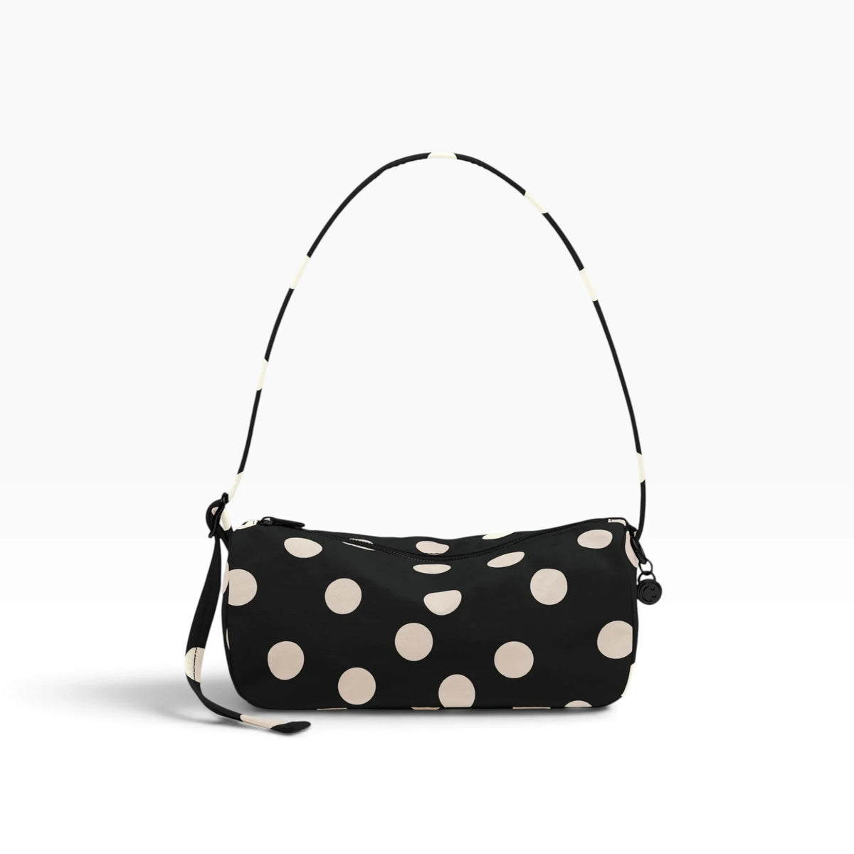 Baggu black nylon loaf bag with cream polka dots and top handle