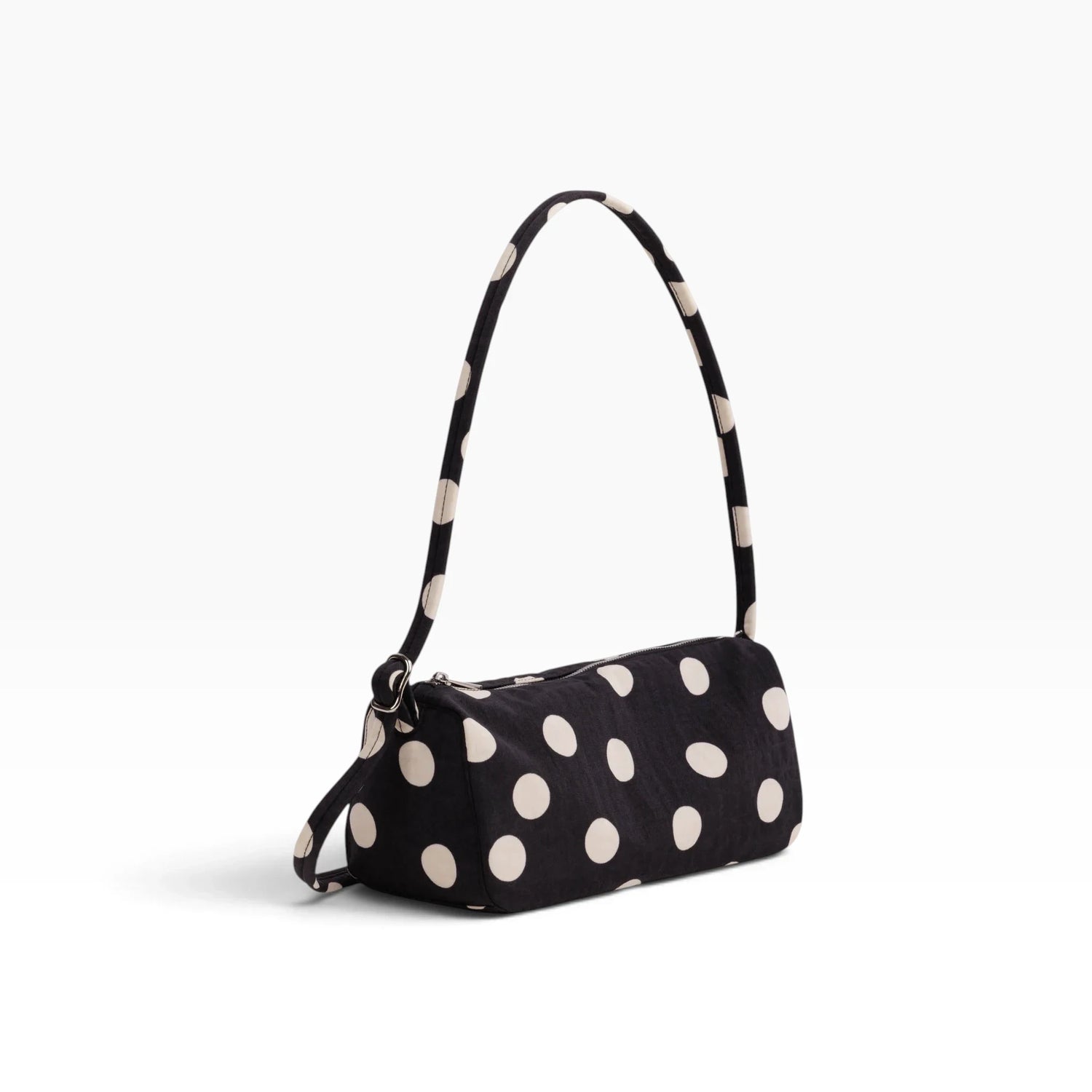 Baggu black nylon polka dot loaf bag with short shoulder strap and zipper