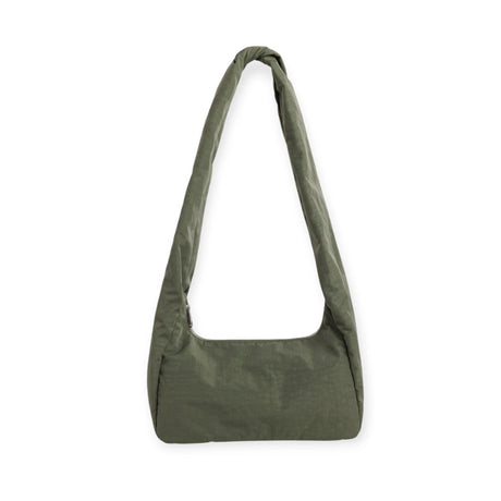 Olive green nylon hobo bag with wide opening and curved seam at front