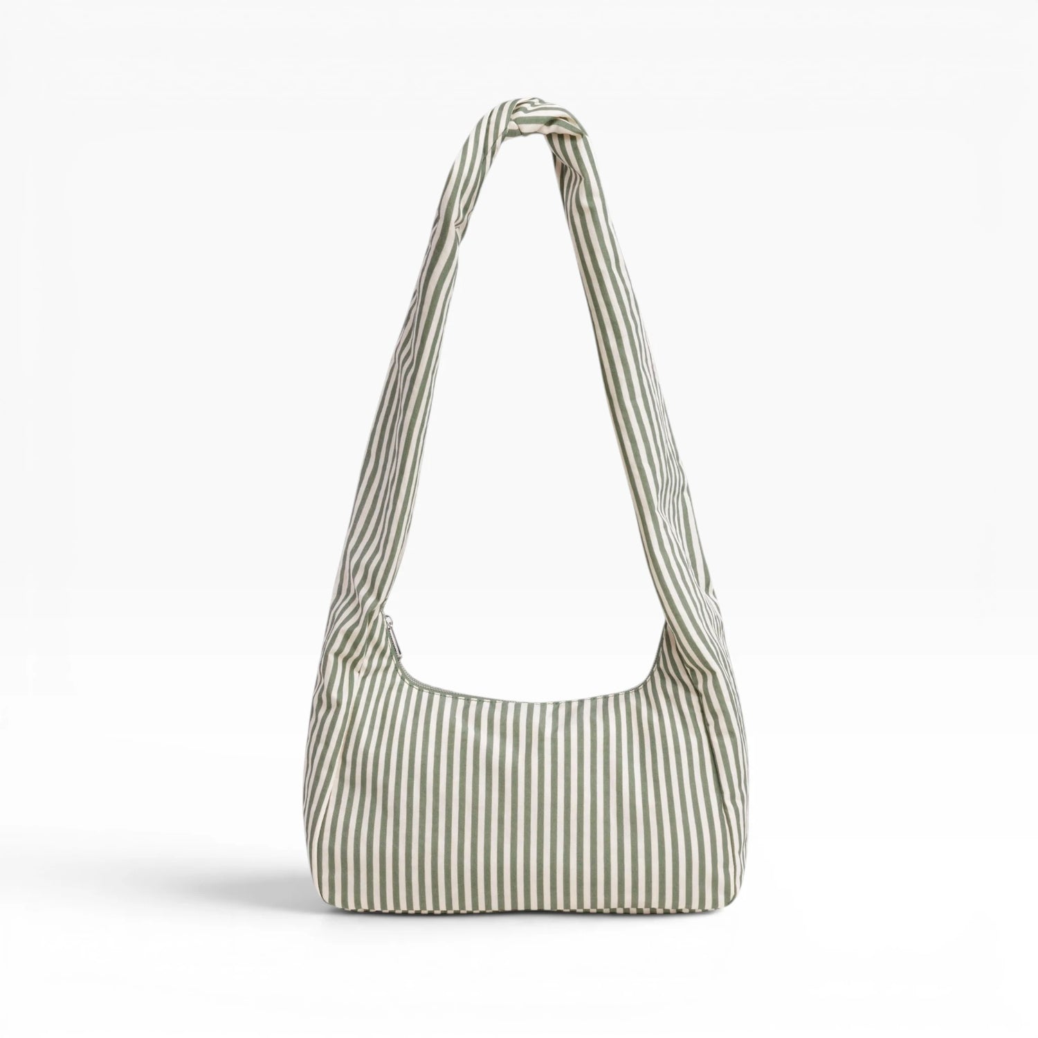 Nylon tote bag with sage and white vertical stripes, gathered top handles