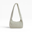 Nylon tote bag with sage and white vertical stripes, gathered top handles
