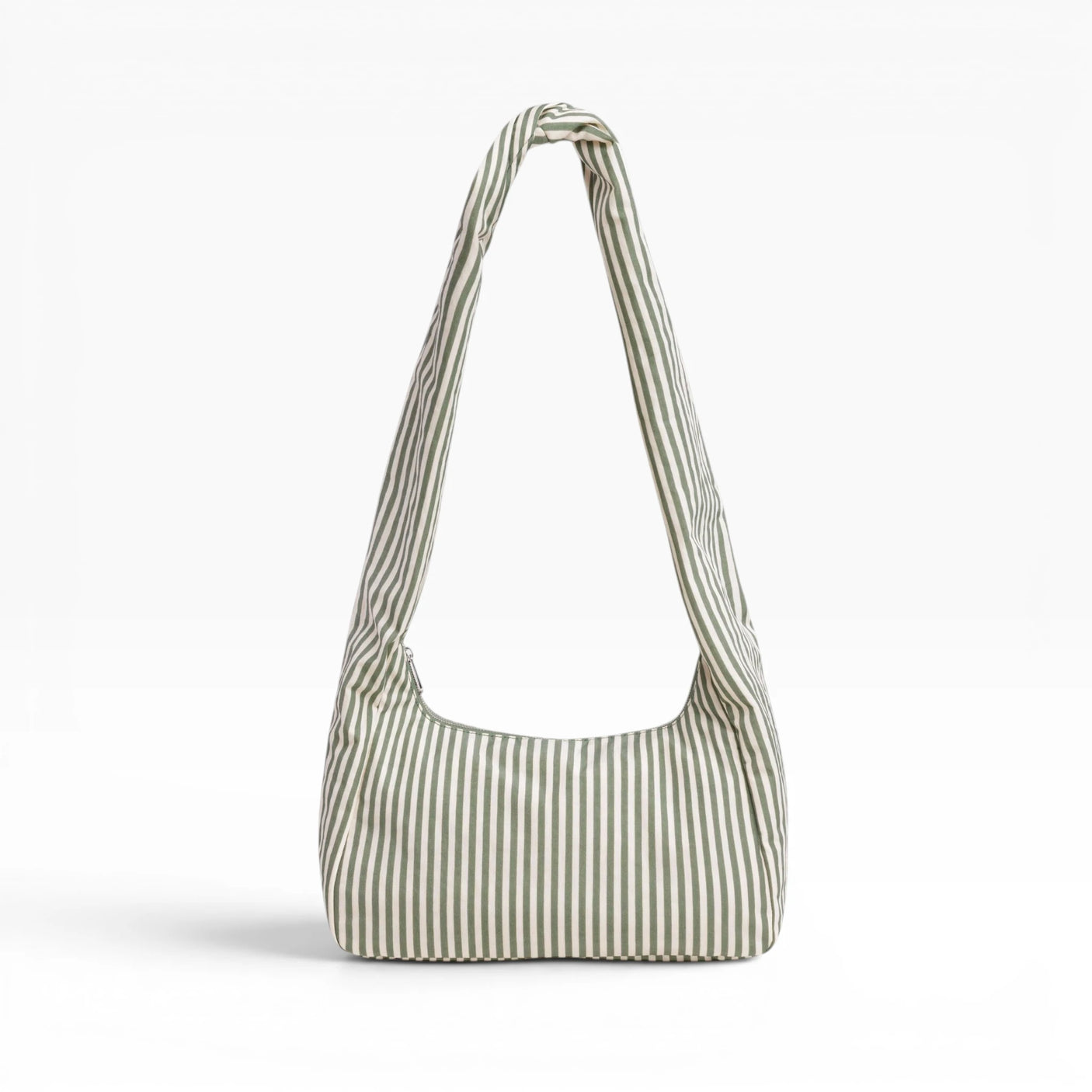 Nylon tote bag with sage and white vertical stripes, gathered top handles