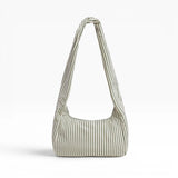 Nylon tote bag with sage and white vertical stripes, gathered top handles