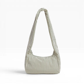 Nylon tote bag with sage and white vertical stripes, gathered top handles