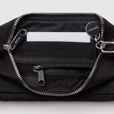 Nylon pochette interior with zip pocket and cinch tab, lined fabric, black