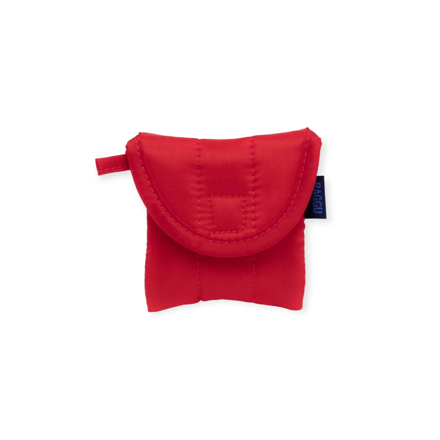 The Baggu Puffy Earbuds Case - Candy Red is a small fabric pouch with a flap closure and a charming stitched design, perfect for storing your earbuds.