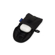 The Baggu Puffy Earbuds Case - Black features a black padded design with a blue tag and Velcro closure, complete with a keychain loop, elegantly resting on a white background.