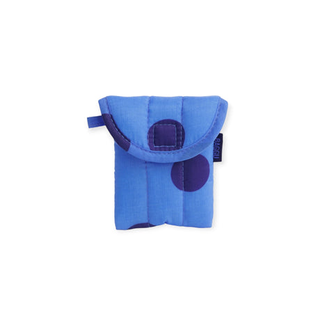 Blue puffy earbuds case with purple polka-dot flap and snap closure