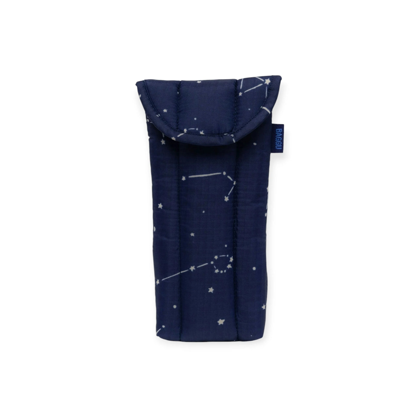 The Baggu Glasses Sleeve - Constellation Midnight is a dark blue padded pouch made from eco-friendly, recycled nylon, featuring a white star and constellation design.