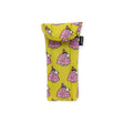 The Baggu Snoopy Mini Puffer Glasses Sleeve is a yellow fabric case decorated with a fun pattern of animals wearing pink coats and beanies. As part of the Peanuts collaboration, it sports a subtle black tag on the side. This stylish and practical sleeve is perfectly sized to protect your glasses.