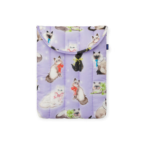 Lavender puffy laptop case with cat print, quilted front and top handle