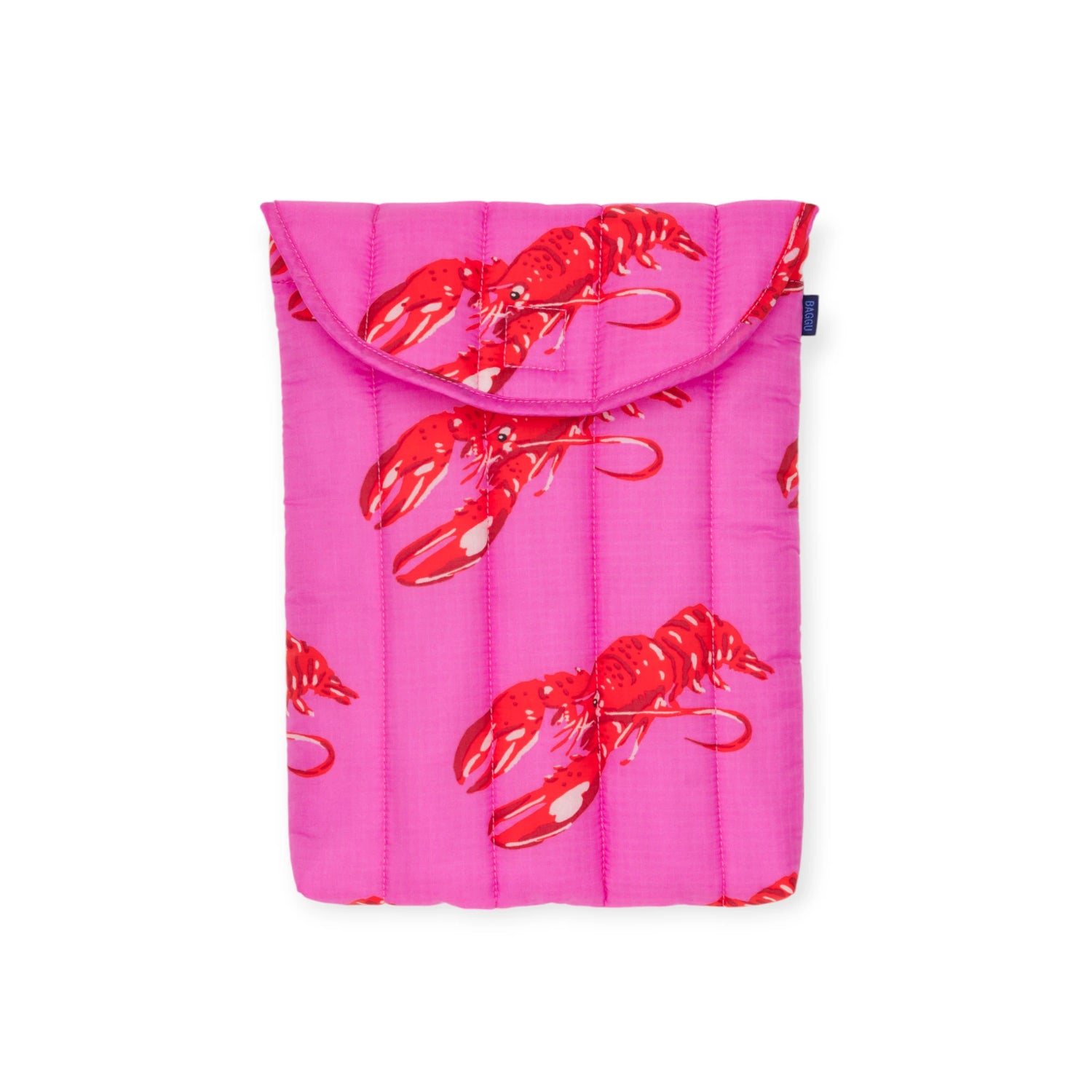 Pink quilted laptop sleeve with vibrant red lobster print designed for 13 to 14 inch laptops