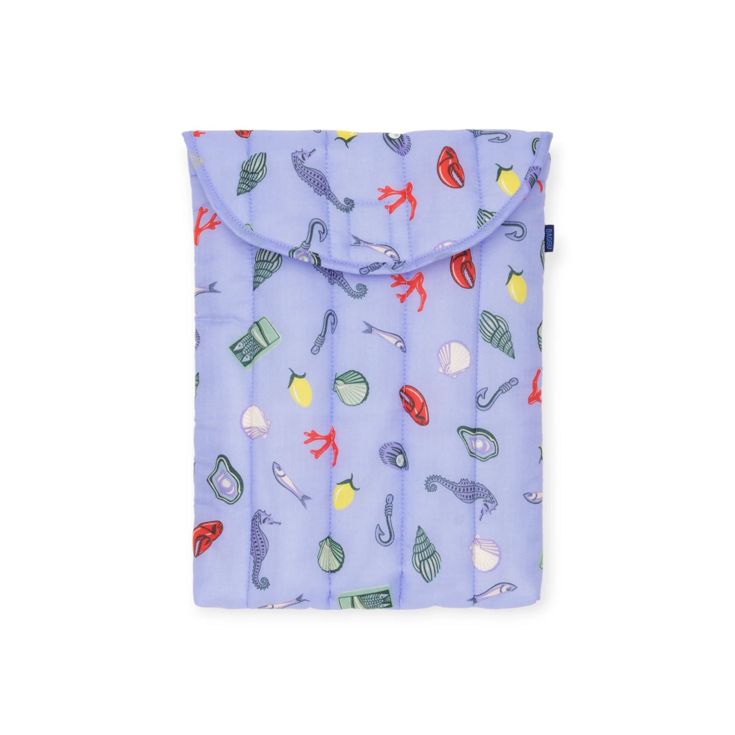 Puffy laptop sleeve with colorful sea creature print on light purple background, fits 13 to 14-inch laptops.