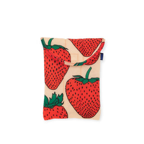 Baggu puffy tablet case with strawberry print, flap closure, beige back panel