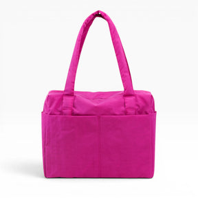 Deep fuchsia small tote bag with top handles and square front panel