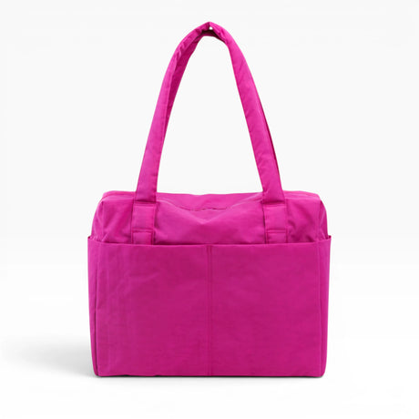 Deep fuchsia foldable tote bag with wide handles and front pocket