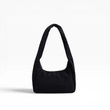 Black nylon small shoulder bag with curved handles and open top