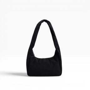 Black nylon small shoulder bag with curved handles and open top