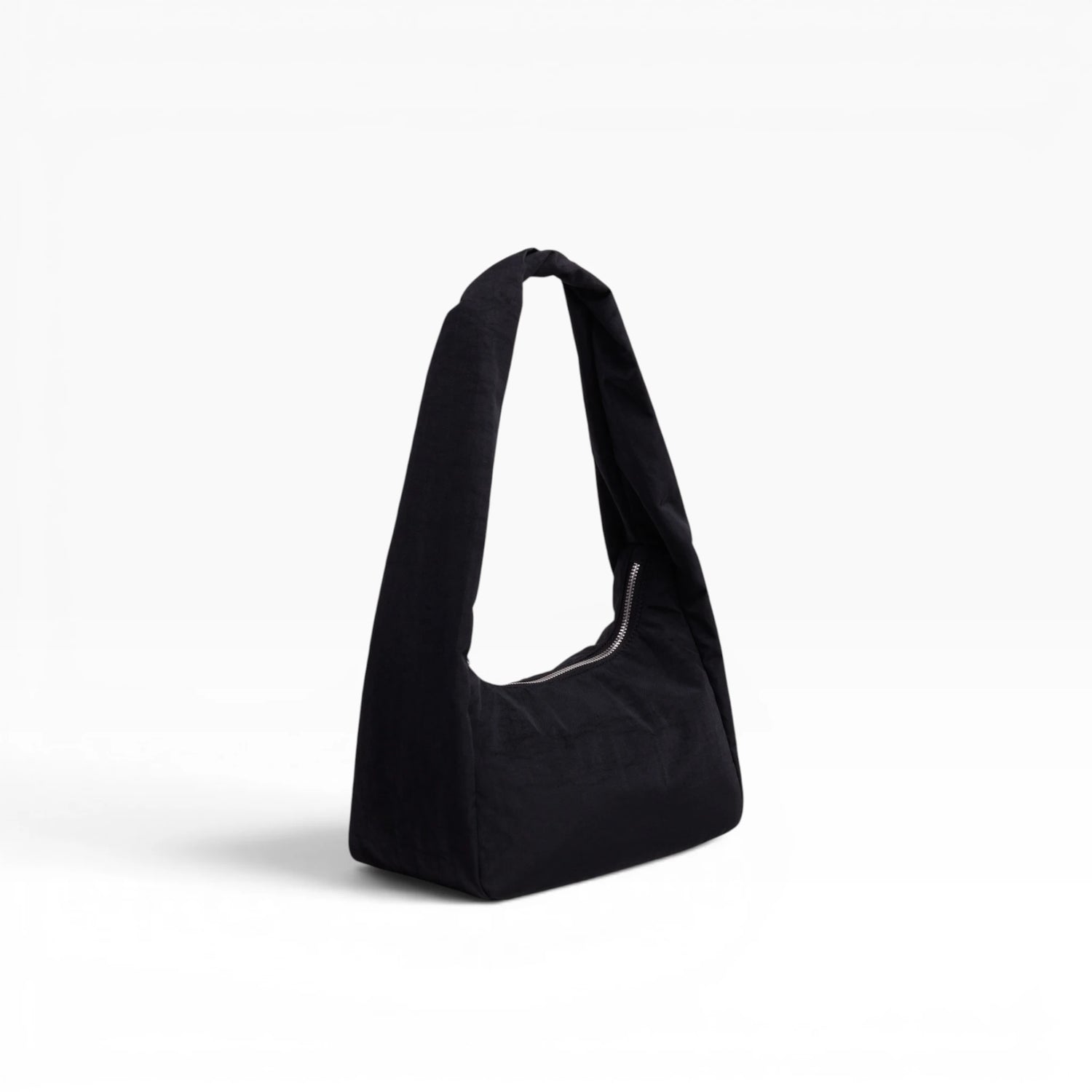 Black nylon small tote bag with curved top handles