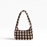 Small nylon shoulder bag with blurred brown gingham pattern and top handle