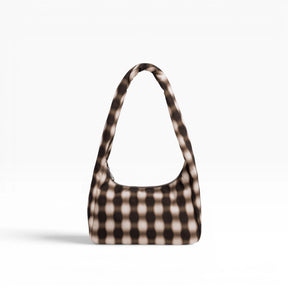 Small nylon shoulder bag with blurred brown gingham pattern and top handle