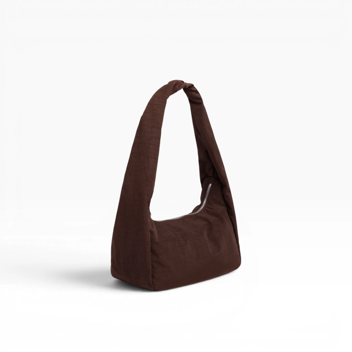 Small coffee-brown nylon hobo bag with open top and short loop handles