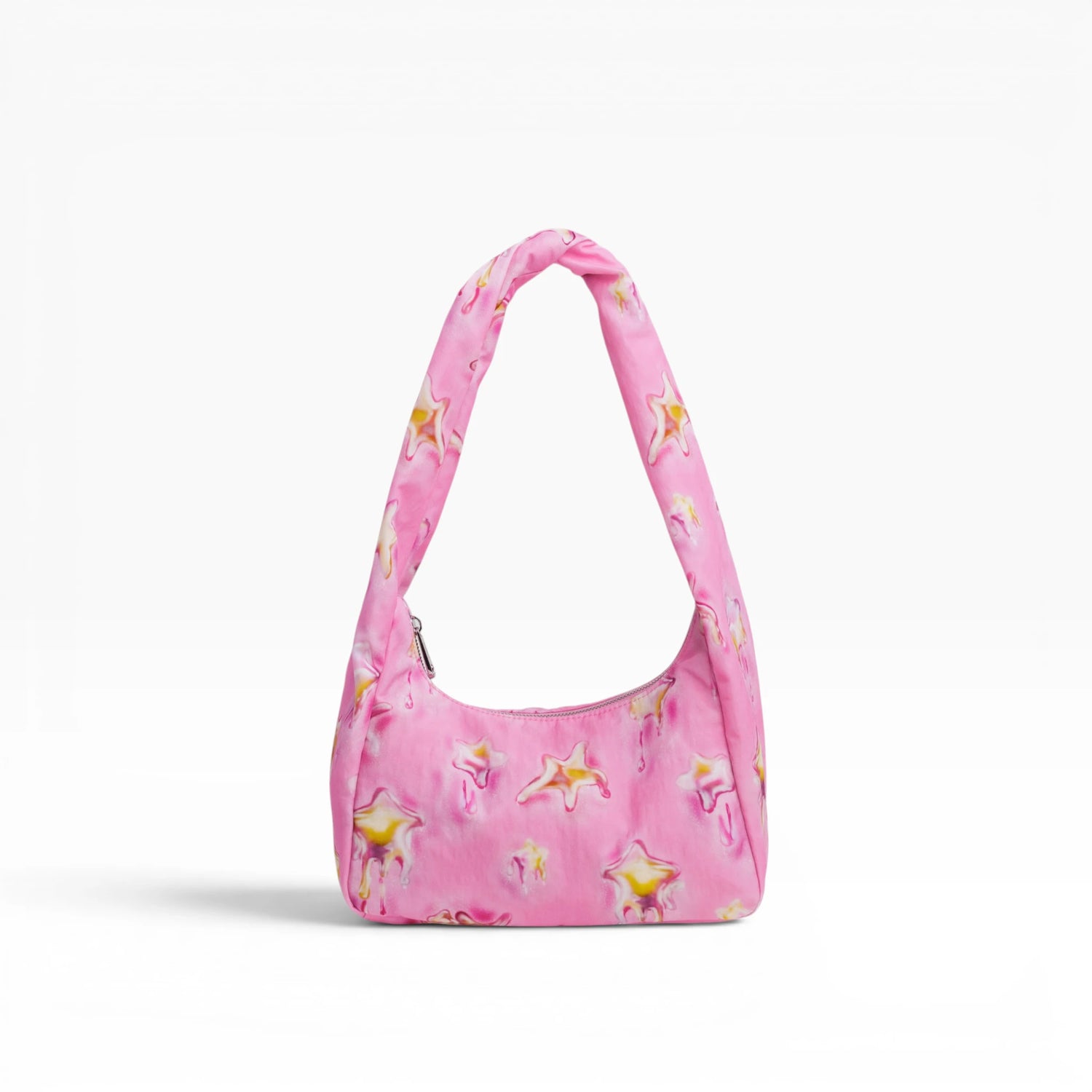 Pink nylon small hobo bag with star print and top handles