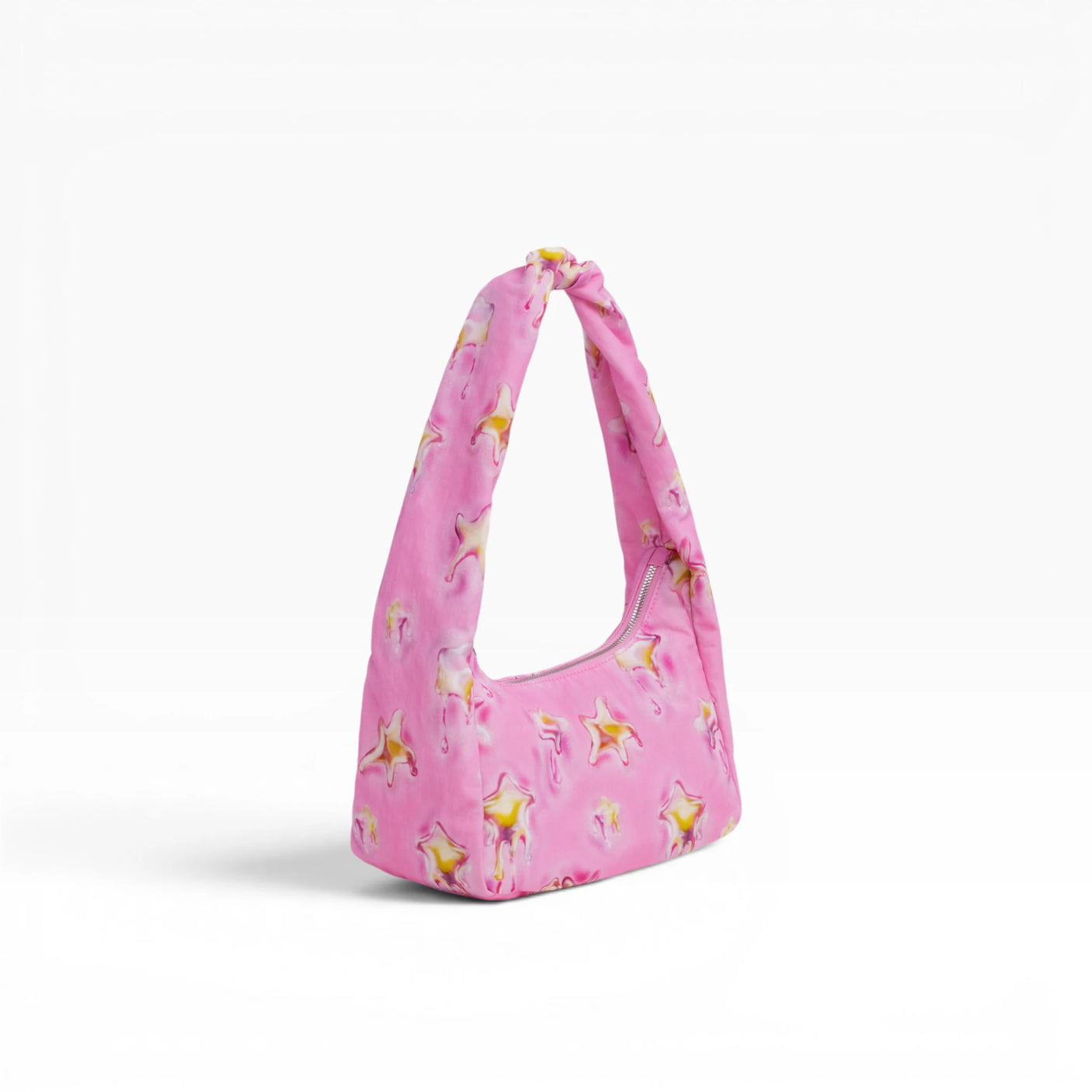 Pink nylon small hobo bag with star print and knotted top handles