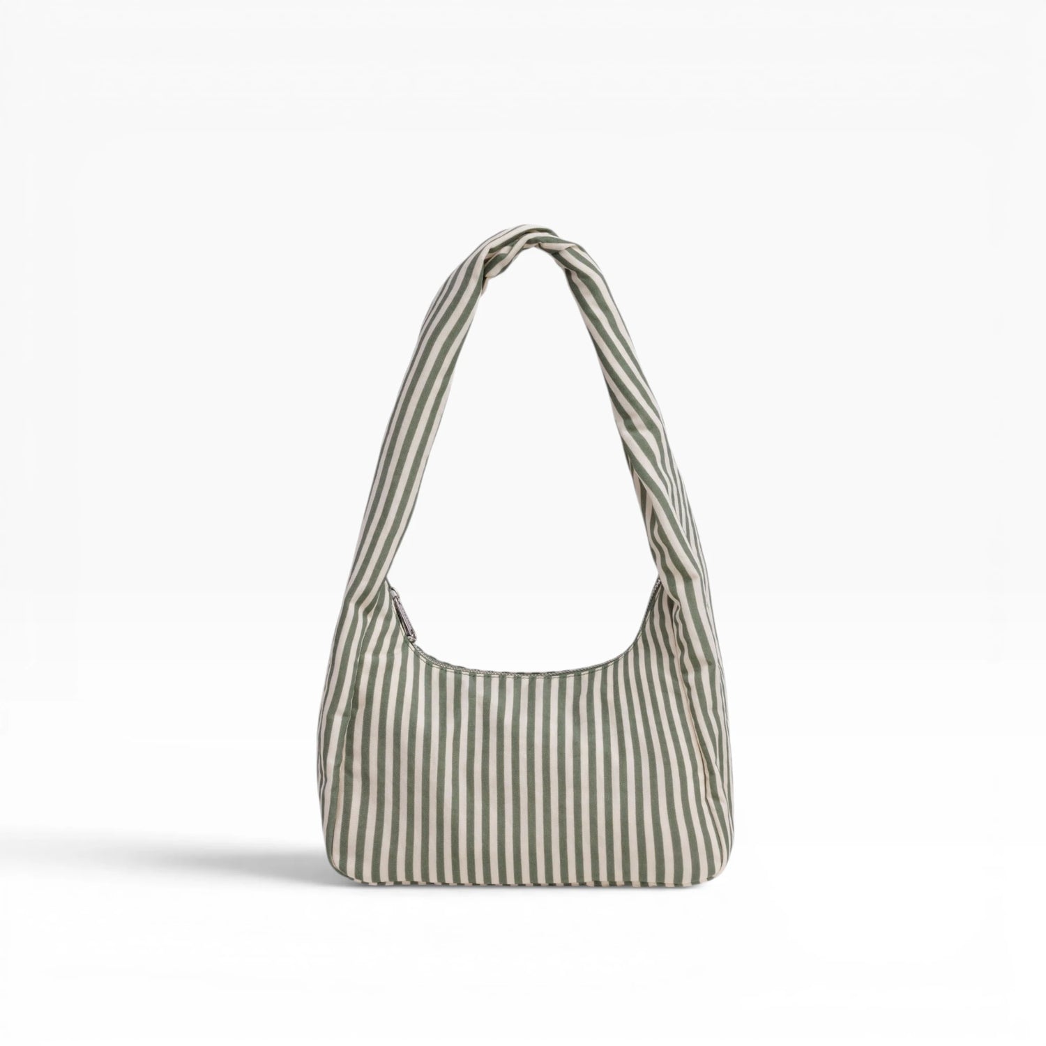 Small striped nylon hobo bag with two top handles, sage green and white vertical stripes