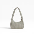 Small striped nylon hobo bag with two top handles, sage green and white vertical stripes