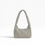 Small striped nylon hobo bag with two top handles, sage green and white vertical stripes