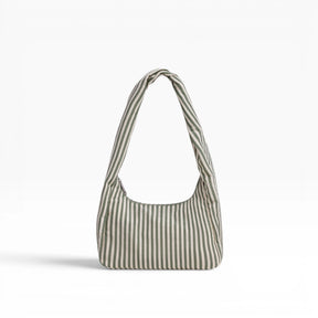 Small striped nylon hobo bag with two top handles, sage green and white vertical stripes