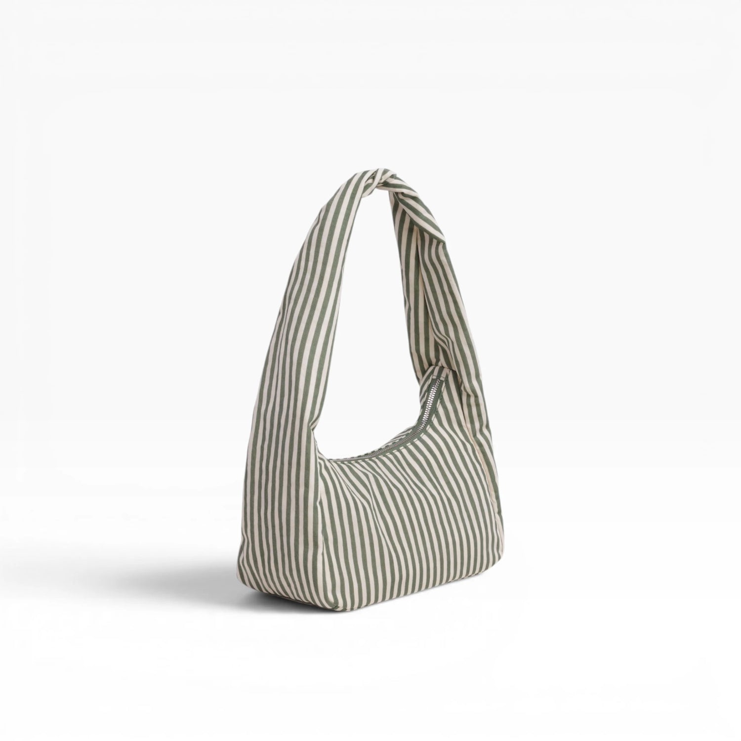 Small striped nylon hobo bag with curved open top and two handles, sage and white stripes