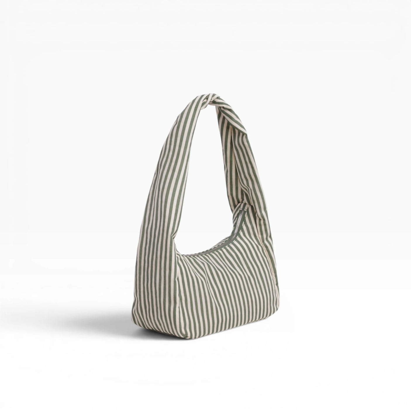 Small striped nylon hobo bag with curved open top and two handles, sage and white stripes