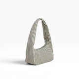Small striped nylon hobo bag with curved open top and two handles, sage and white stripes